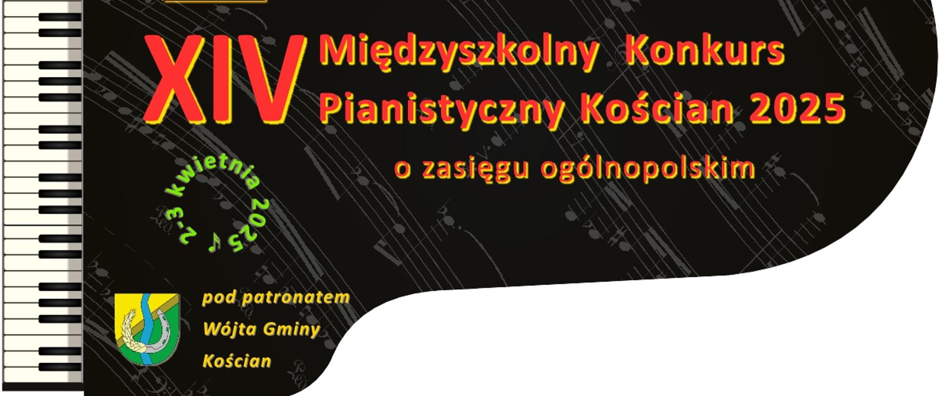 plakat w kształcie pudła fortepianu widzianego z góry z informacjami o XIV Międzyszkolnym Konkursie Pianistycznym Kościan 2025
