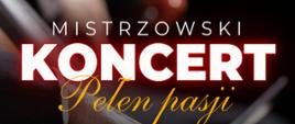 Zdjęcie przedstawia zaproszenie na koncert utworów kontrabasowych oraz fortepianowych, który odbędzie się 11 lutego o godzinie 17:00. Napisy są koloru biało-żółtego, w tle widnieje ręka kontrabasisty grającego na instrumencie. 