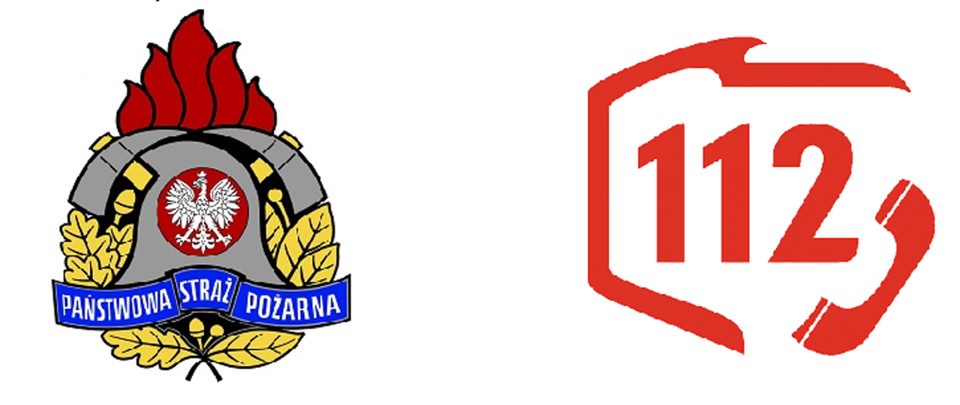 Grafika przedstawia po lewej logo Państwowej Straży Pożarnej, a po prawej logo numeru alarmowego 112, którego składa się z konturu przedstawiającego mapę Polski, słuchawki telefonu, a także numeru 112 na jego środku.