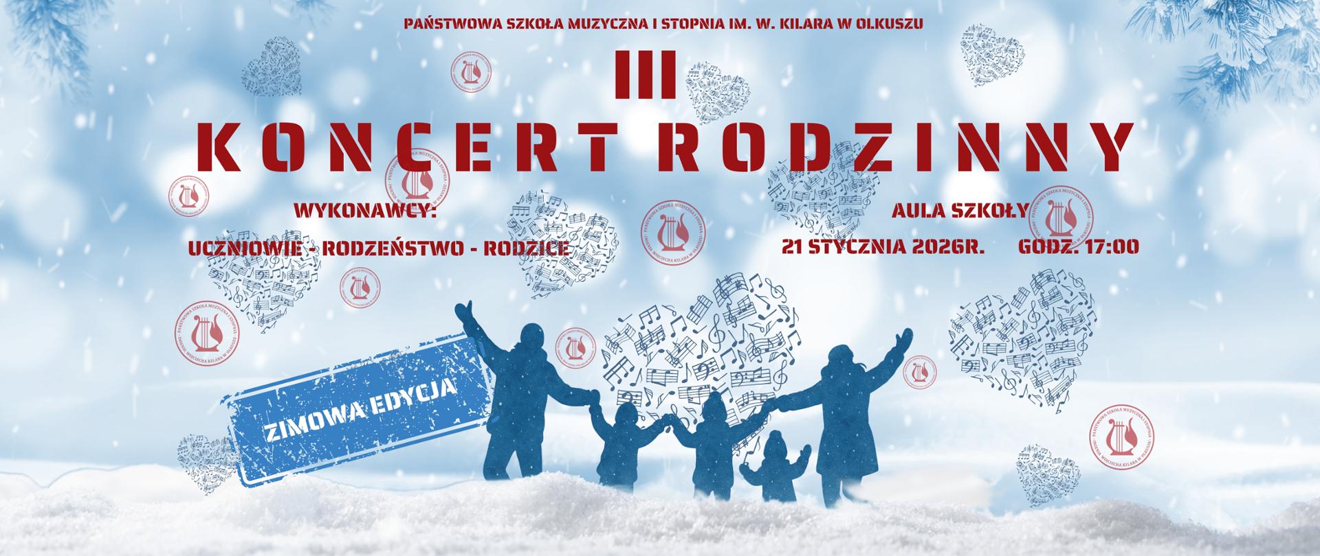 śnieżne tło, cienie rodziny, czerwone napisy