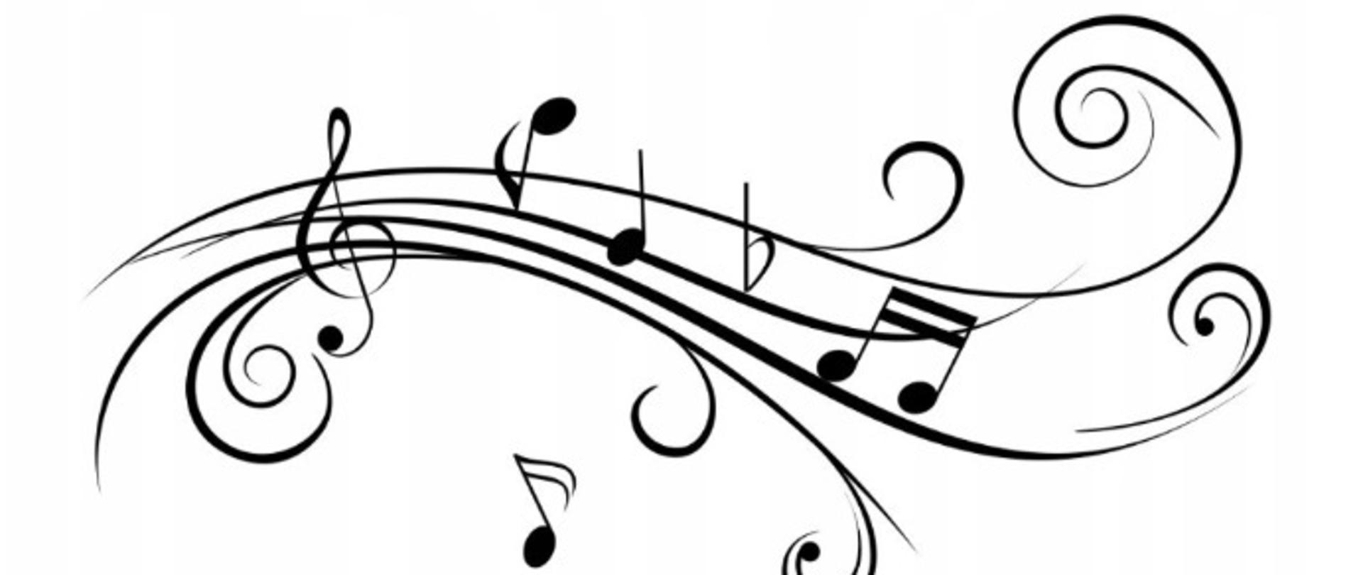 Zdjęcie na białym tle zawiera symbole muzyczne, różne nuty, klucz wiolinowy i stylizowaną pięciolinię.