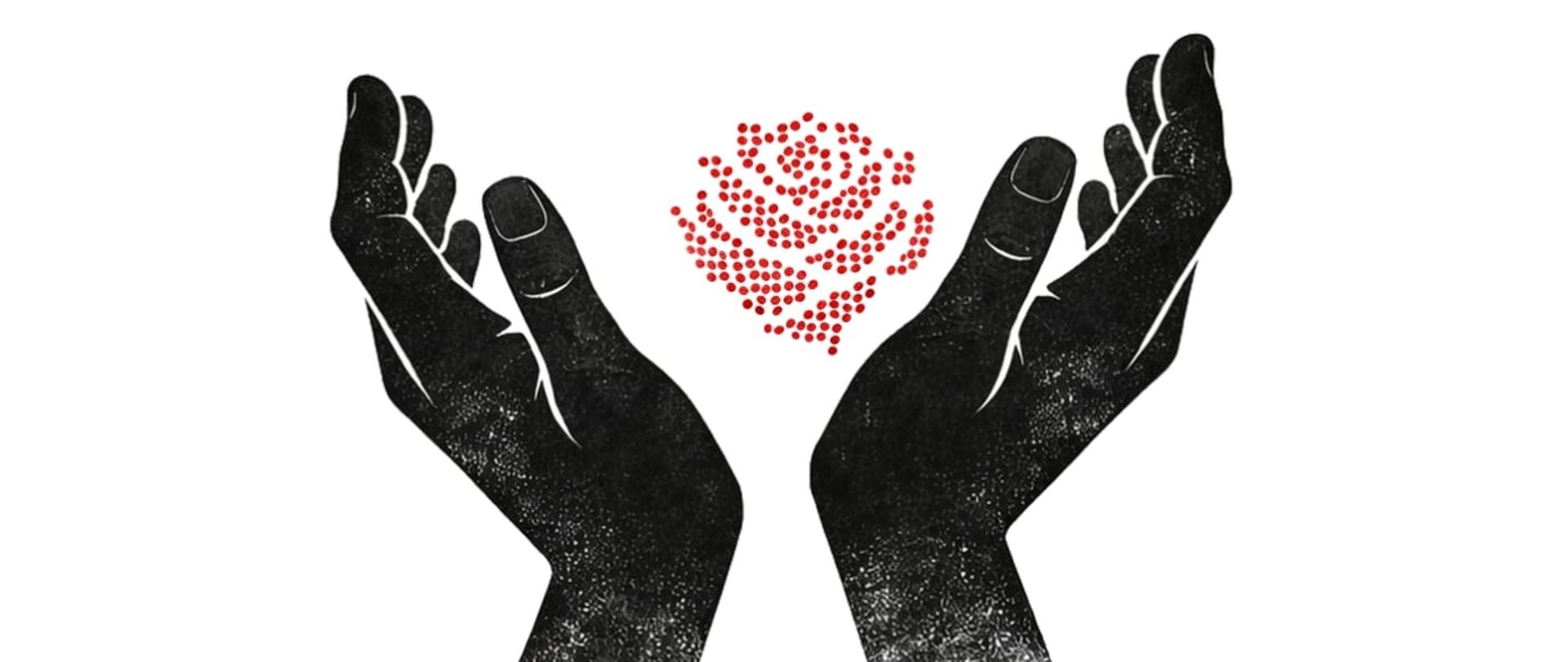 Plakat, od góry tekst: Ogólnopolski Konkurs dla uczniów szkół plastycznych ZABAWKA - GRA - BAJKA im. bł. Matki Elżbiety Róży Czackiej; pod spodem ilustracja: dwie dłonie trzymające kwiat róży przedstawionej za pomocą rastra z czerwonych kropek; poniżej informacja: termin nadsyłania prac: 15 maja 2026 r.. Sfinansowane ze środków Centrum Edukacji Artystycznej; poniżej: organizator - logo Tea; współorganizatorzy: logo LSP w Kaliszu i Stowarzyszenia Edukacyjno-Artystycznego "TeKa" w Kaliszu; partnerzy merytoryczni: logo Towarzystwa Opieki nad ociemniałymi Laski, Fundacji Szansa - Jesteśmy Razem i Polskiego Związku Niewidomych.