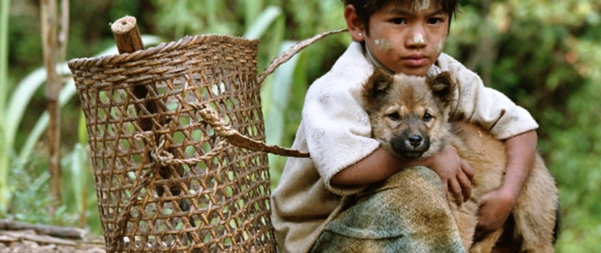 Dziecko w dżungli trzyma małego wilka na rękach