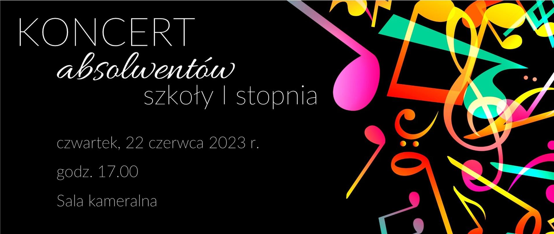 Baner na czarnym tle. Po prawej kolorowe nuty i klucze muzyczne. Po lewej białe napisy - nazwa, data i miejsce wydarzenia.