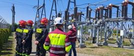 Szkolenie w zakresie zagrożeń ze strony urządzeń elektroenergetycznych. Zdjęcie przedstawia strażaków PSP oraz pracowników firmy Energa podczas szkolenia.