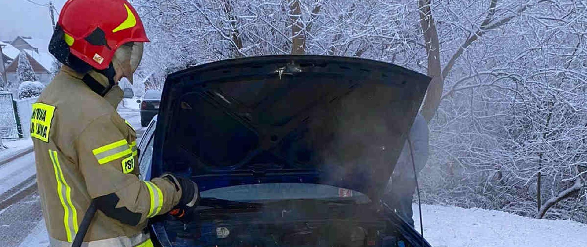 Zdjęcie zrobione w dzień. Na zdjęciu widać strażaka gaszącego samochód osobowy. W oddali widać drzewa pokryte śniegiem. 