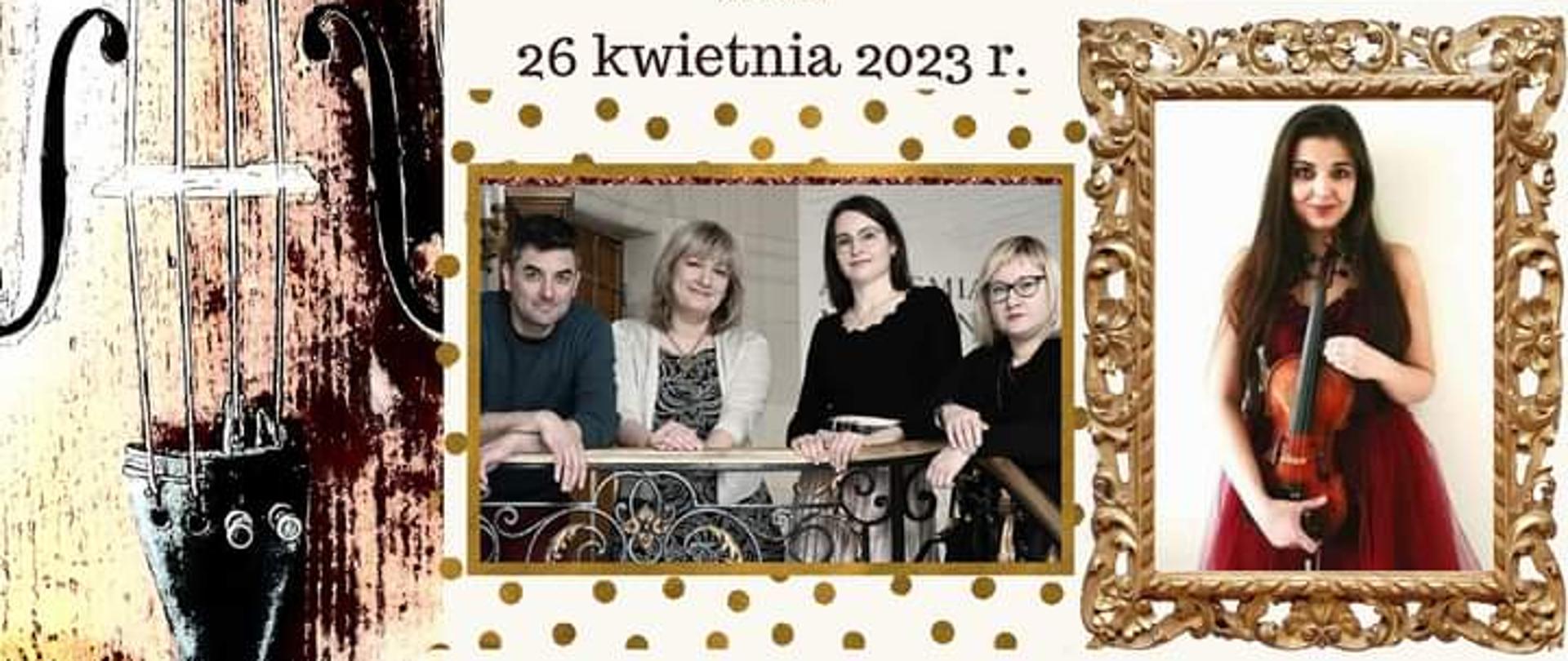Plakat, jasne tło, po lewej grafika altówki po prawej zdjęcia wklejone w ramy obrazów kwartetu fortepianowego, pośrodku napisy oraz zdjęcie prowadzącej warsztaty. koncert godzina 12 warszaty 13:45 26 kwietnia 2023 r