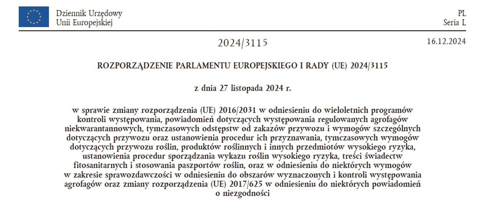 Skan fragmentu pierwszej strony Dziennika Urzędowego UE z 16.12.2024 r.