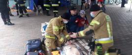 Strażacy udzielający instruktarzu podczas udzielania kwalifikowanej pierwszej pomocy oraz użycia AED.