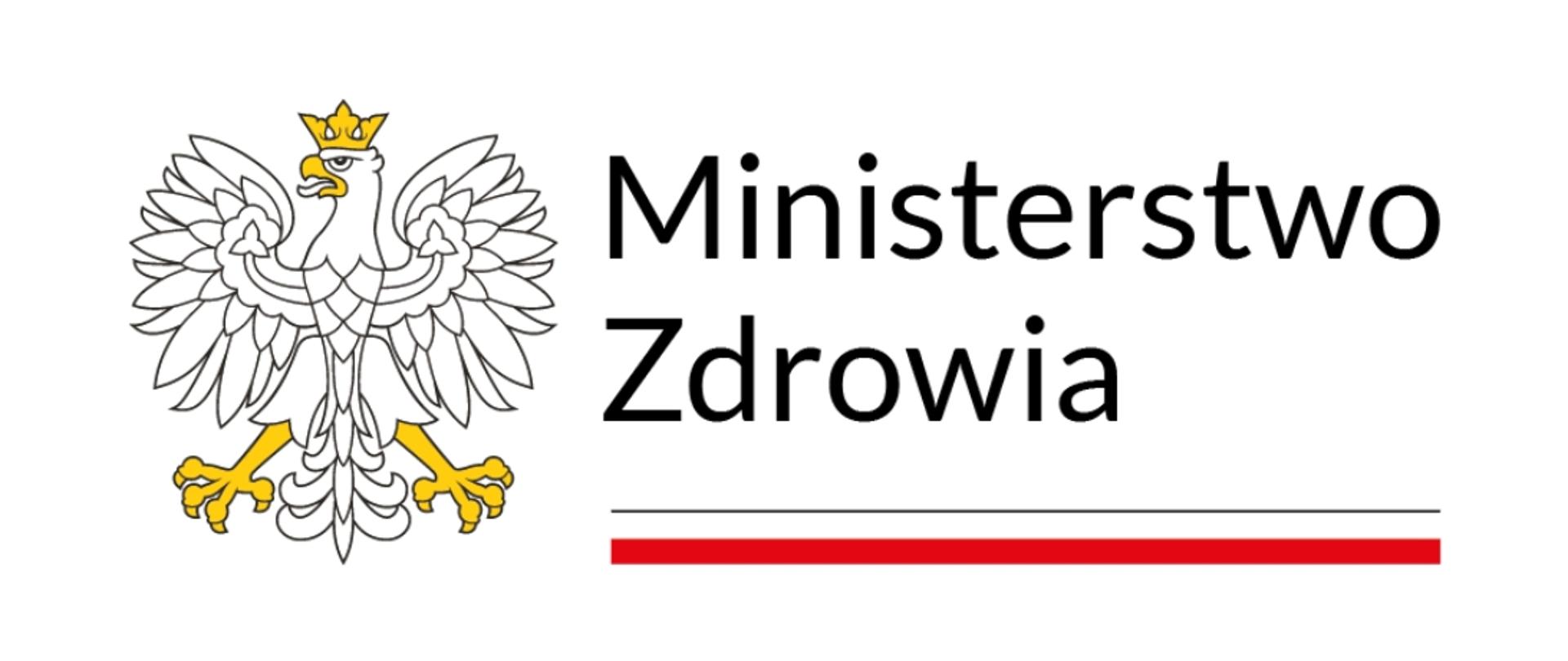 Znak graficzny Ministerstwa Zdrowia. Z lewej strony jest orzeł z godła państwowego, a z prawej strony mamy napis ,,Ministerstwo Zdrowia'' podkreślone białoczerwonymi barwami.