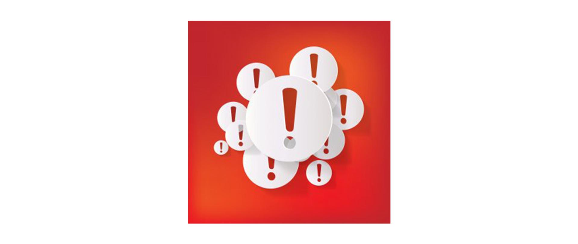 Na grafice: kilka symboli wykrzyknika na tle w ostrzegawczym kolorze