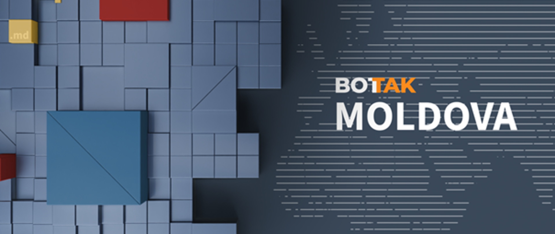 A graphic featuring the inscription “BOTAK MOLDOVA,” set against a background of a stylized map and abstract, geometric blocks in shades of blue, gray, and red