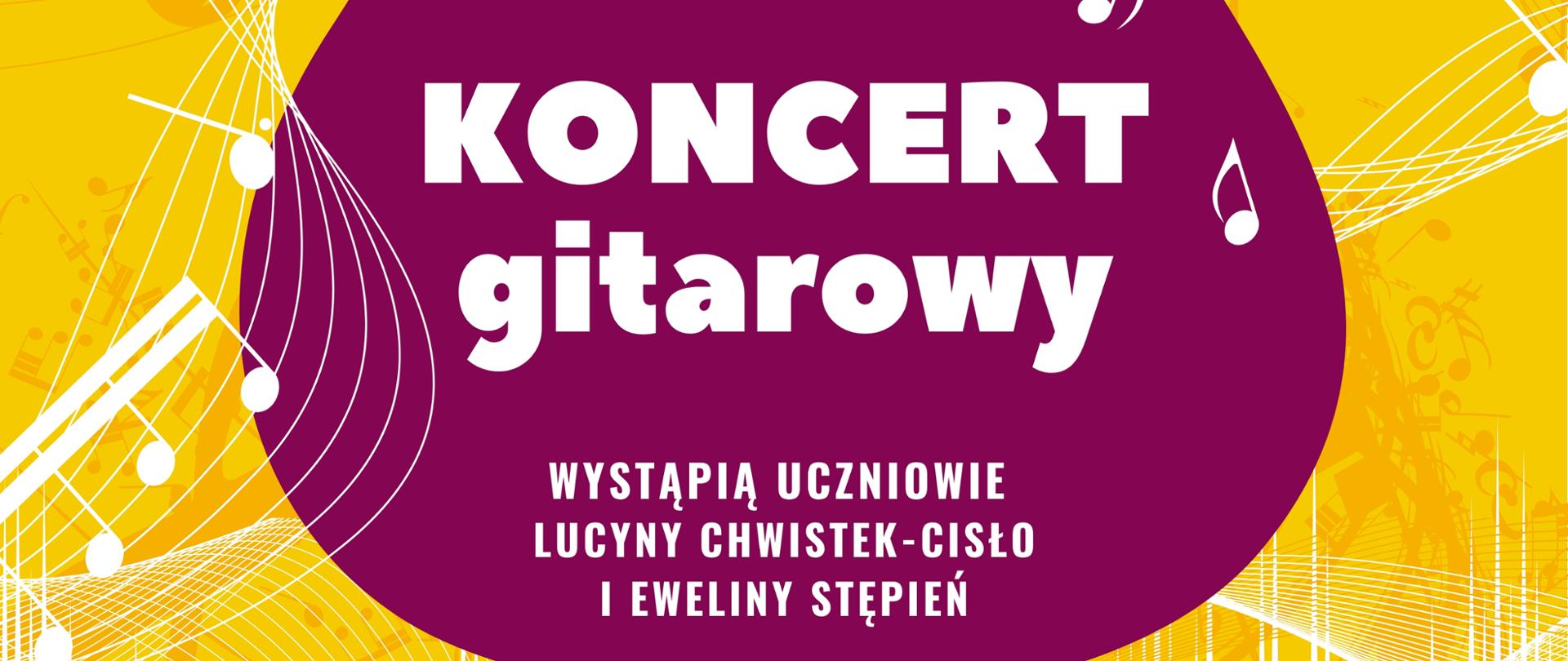 Plakat z wydarzeniem - Koncert gitarowy, który odbędzie się w dniu 22 maja 2024r. o godz. 18:30 w sali koncertowej ZPSM w Dębicy, w koncercie wystąpią uczniowie i nauczyciele szkoły, tło plakatu żólte na którym umieszczono białe nuty oraz różówy zarys gitary 