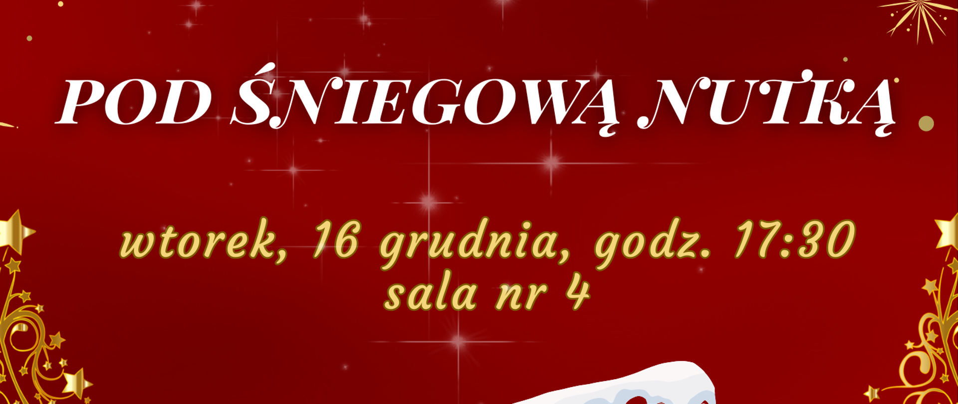 Na banerze w kolorze czerwono złotym znajdują się informacje dotyczace audycji klasowej fortepianu 16 grudnia 2025r.