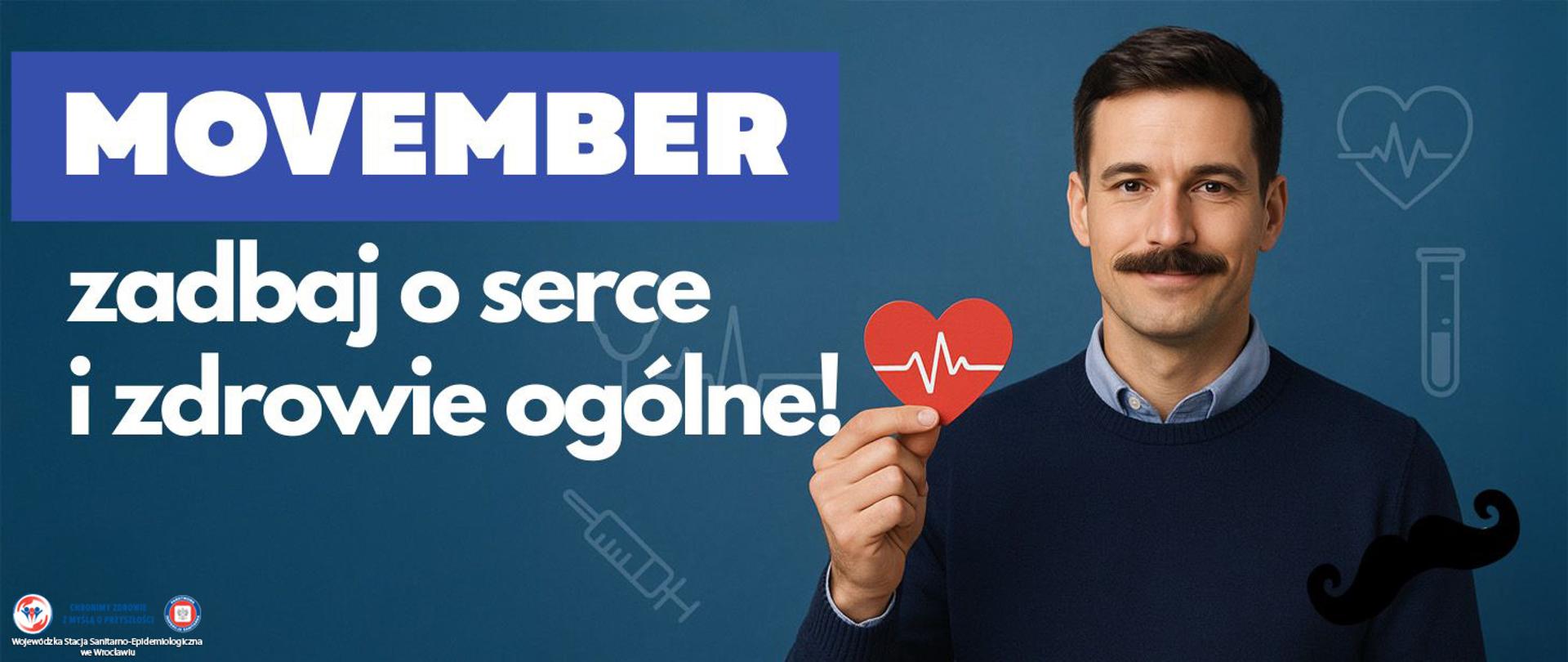 Ilustracja przedstawiająca mężczyznę z wąsami (symbol Movembera), który trzyma w dłoni serce w formie symbolu medycznego