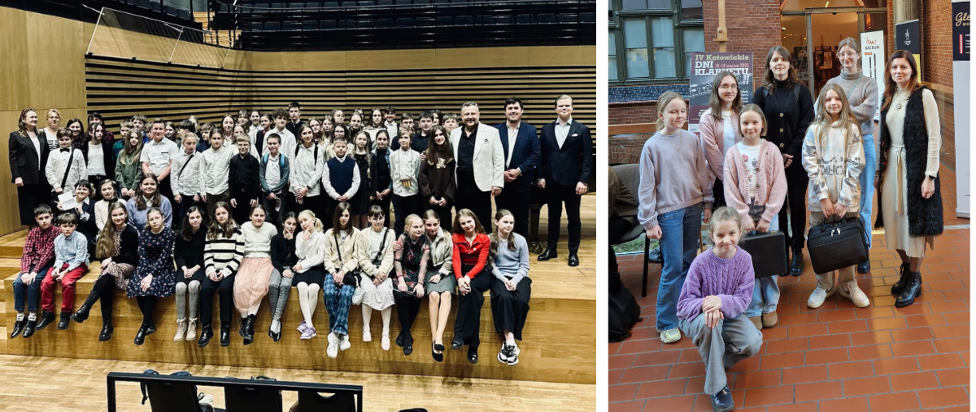 Kolaż - dwa grupowe, kolorowe zdjęcia. Pierwsze z lewej strony - grupa ok 60 osób, młodzieży rozmieszczonej w 4 rzędach. Pierwszy rząd osób siedzi na brzegu sceny a kolejne usytuowane są za nimi, którym towarzyszą nauczyciele i soliści koncertu. Zdjecie zrobione na sali koncertowej PSM Jastrzębie. Drugie zdjęcie z prawej strony - grupa 8 osób, stojąca w holu AM Katowice przed banerem IV Katowickich Dni Klarnetu. Grupa stoi w dwóch rzędach, a przed nimi przykucnęła jedna z uczennic.