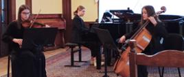 Zdjęcie kolorowe. Trzy uczennice w czarnych strojach - skrzypaczka, wiolonczelistka i pianistka - podczas występu.