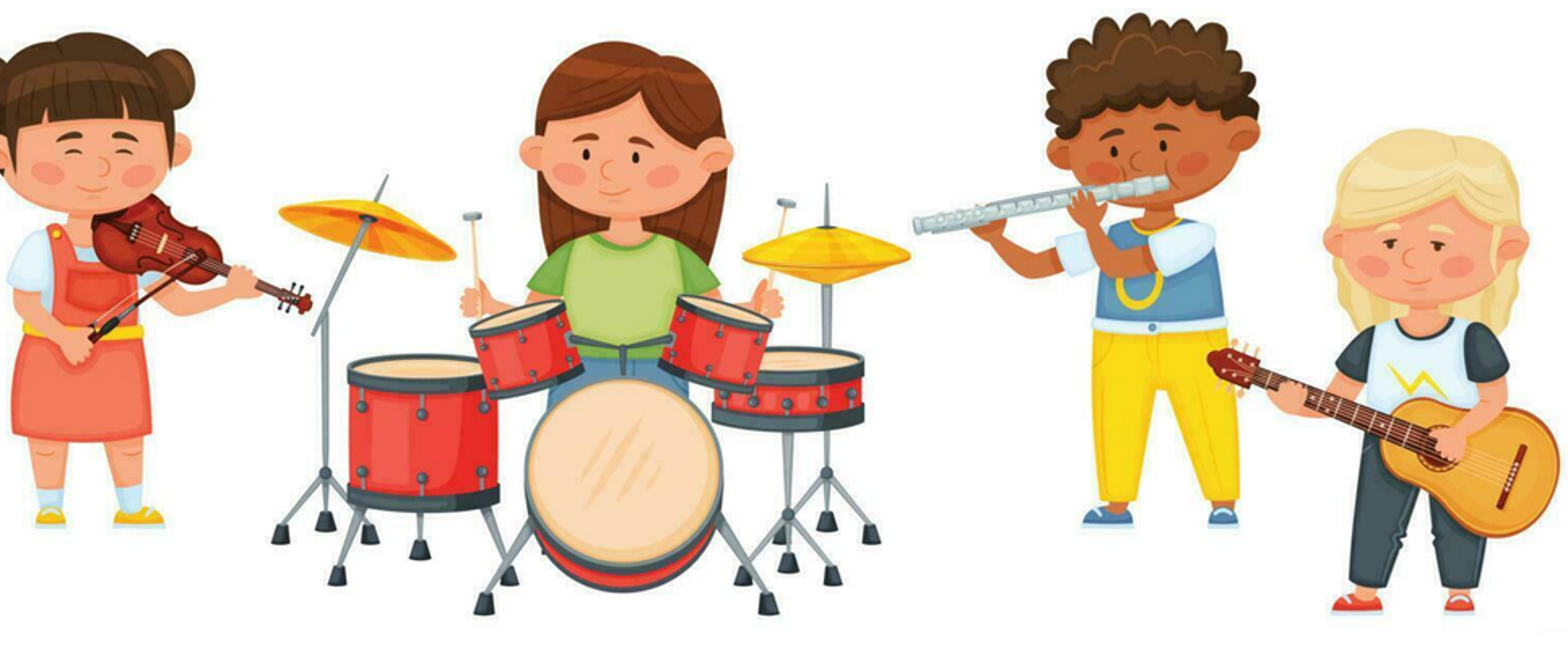 Namalowane pięcioro dzieci, trzymających instrumenty muzyczne. Pierwsza dziewczynka o blond włosach i niebieskich spodniach gra na stojąco na czerwonej gitarze elektrycznej, druga dziewczynka w czerwonej sukience i brązowych włosach gra na skrzypcach, po środku stoi dziewczynka o brązowych długich włosach gra na zestawie perkusyjnym, z prawej strony ciemnoskóry chłopiec o brązowych włosach w żółtych spodniach i niebieskim T-shirt'cie gra na flecie poprzecznym, pierwsza z prawej na gitarze gra na stojąco dziewczynka o blond włosach i czarnych spodniach i białej koszulce.