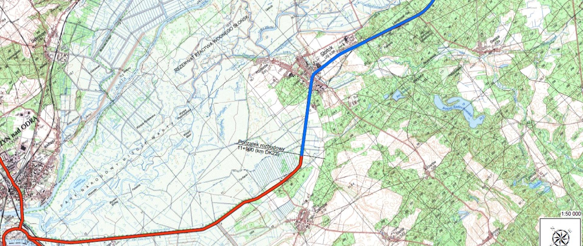 Mapa z naniesionym przebiegiem drogi DK22 i zaznaczonym na nim odcinka przeznaczonego do przebudowy.