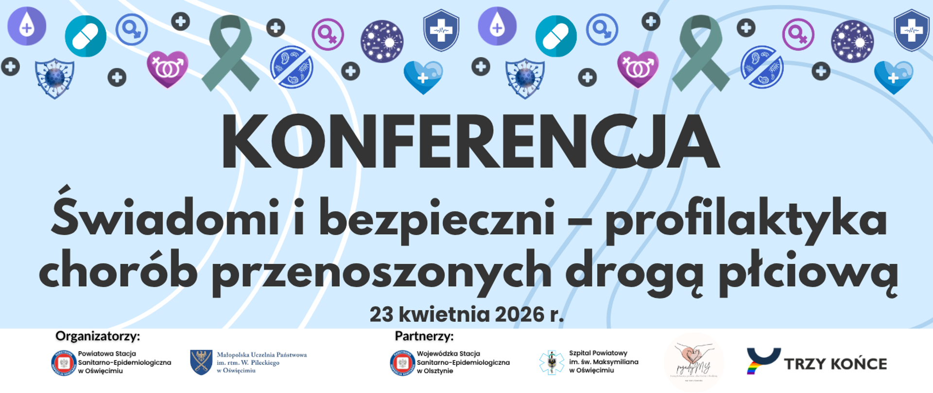 Informacja o konferencji Powiatowej Stacji Sanitarno-Epidemiologicznej.Temat "Świadomi i bezpieczni - profilaktyka chorób przenoszonych drogą płciową". W tle symbole medyczne i związane z STI STD, turkusowa kokardka. Na dole logotypy organizatorów i partnerów wydarzenia.
