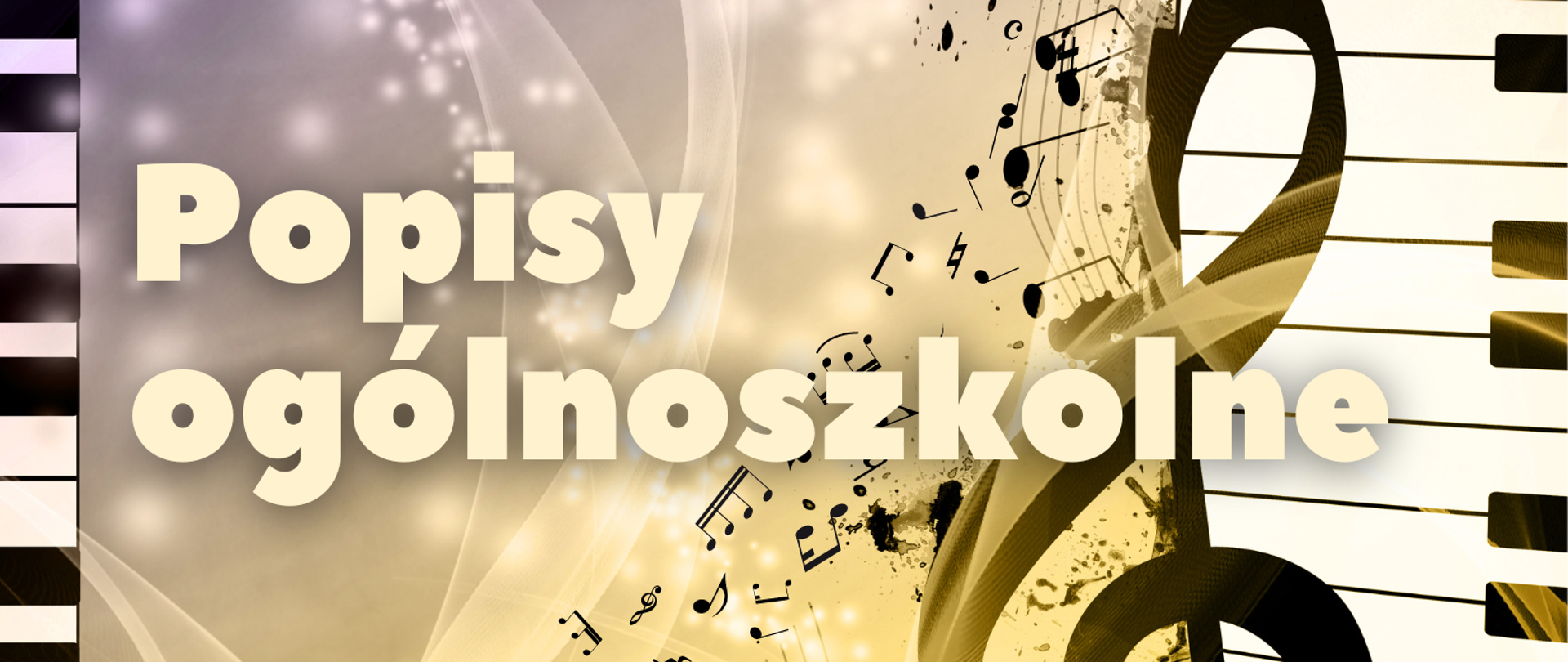 Plakat na szaro żółtym tle. Na lewym i prawym brzegu plakatu biało-czarna klawiatura fortepianu. Na środku informacje o terminie i miejscu popisów ogólnoszkolnych. W lewym dolnym rogu graficzne przedstawienie mężczyzny stojącego bokiem i grającego na saksofonie.