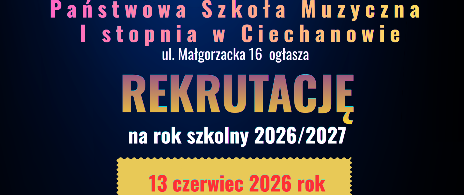 Na granatowym tle czerwone serce ze słuchawkami i kolorowymi nutami. Poniżej informacja o rekrutacji. 