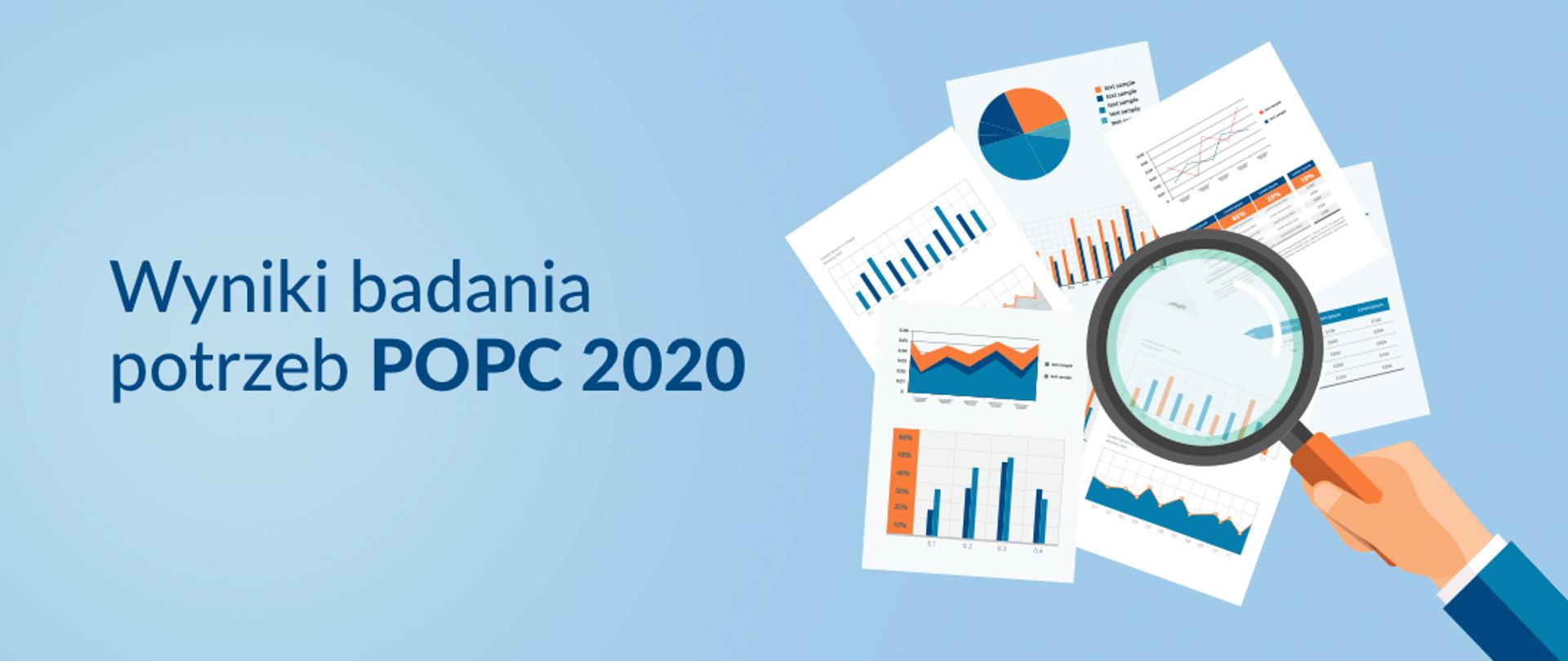 baner o treści "Wyniki badania potrzeb POPC 2020" przedstawiający lupę przykładaną do dokumentów z wykresami.