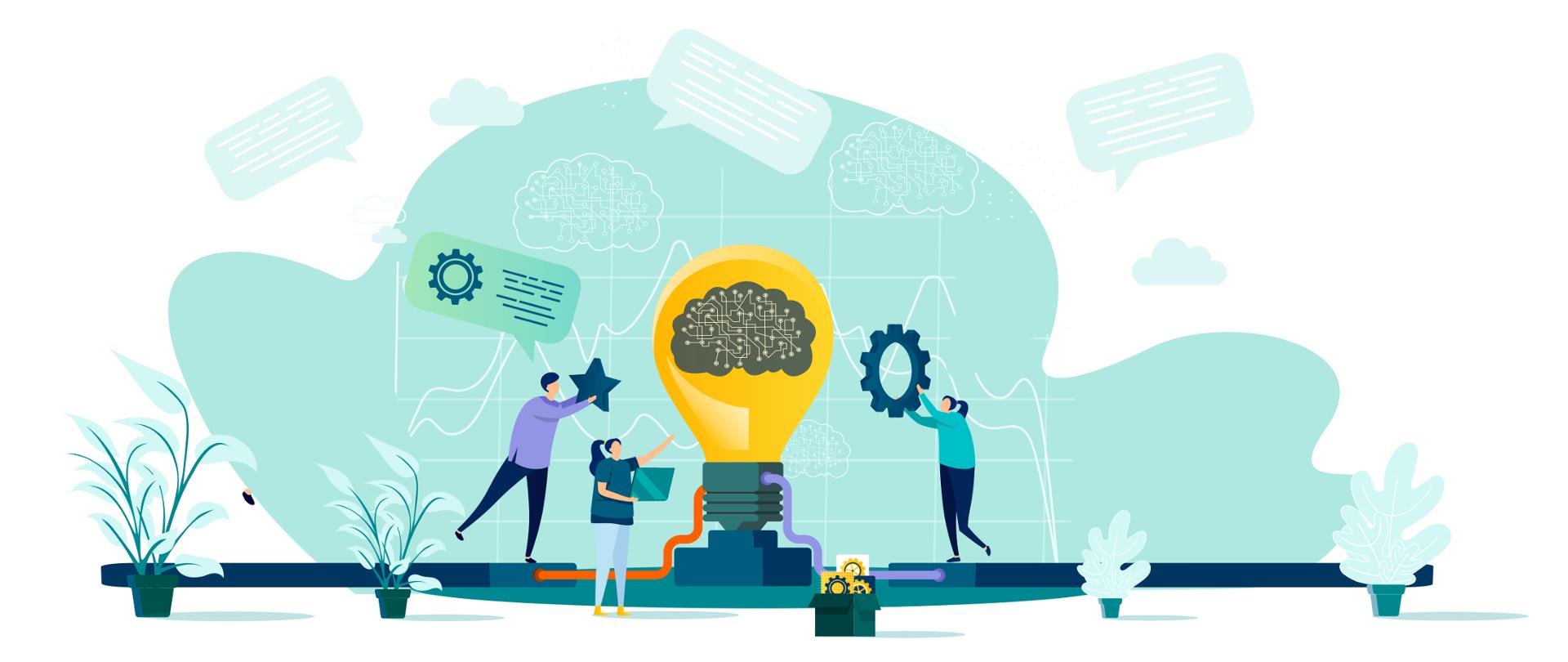 Grafika wektorowa = trzy osoby wspólnie pracują nad ideą - symbolizowaną przez umiejscowioną na środku żarówkę. Każdy z nich coś do niej dokłada.