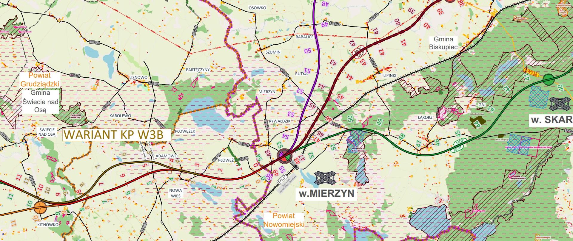 Mapa przedstawiająca warianty drogi ekspresowej S5 z okolic Ostródy do Grudziądza