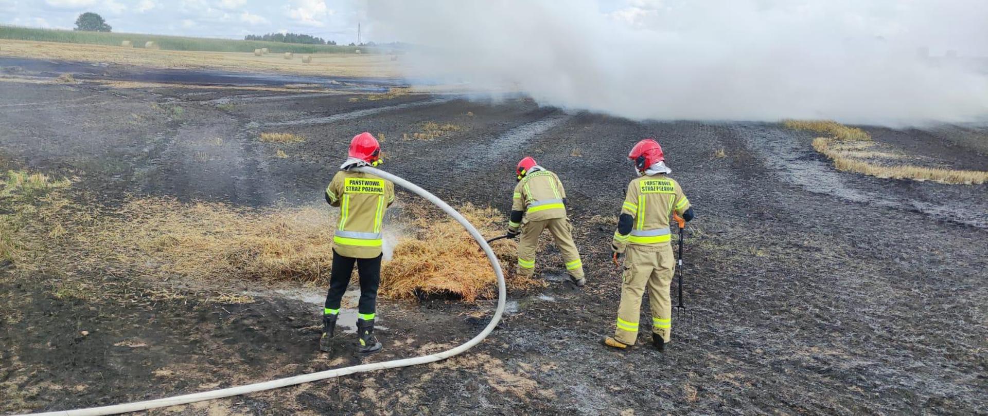 Strażacy przewracają i przelewają słomę
