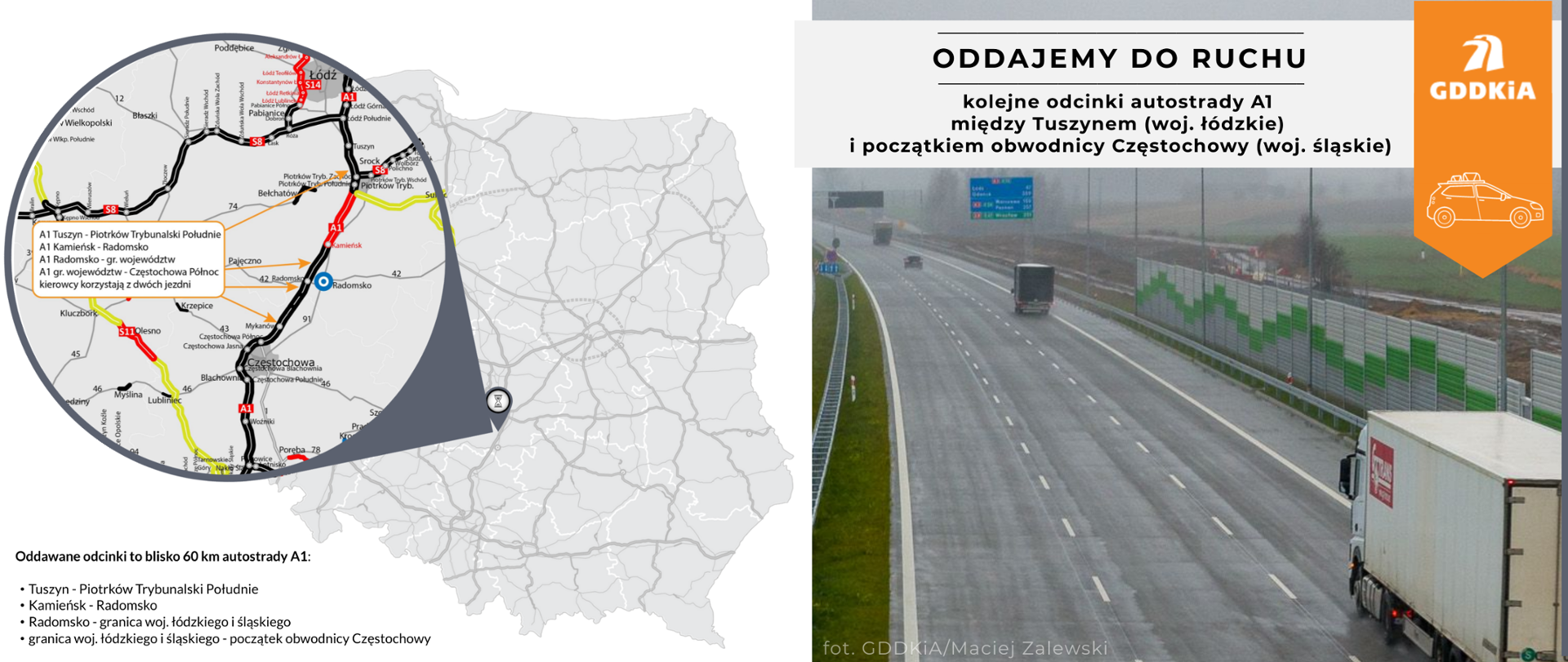 Infografika przedstawiająca oddane do ruchu cztery z pięciu odcinków A1 Tuszyn - Częstochowa z dwoma jezdniami po trzy pasy ruchu 