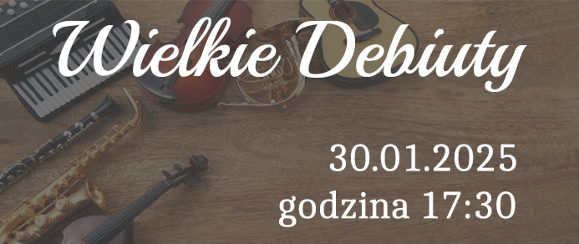 białe napisy na tle z ilustracją przedstawiającą instrumenty muzyczne. 