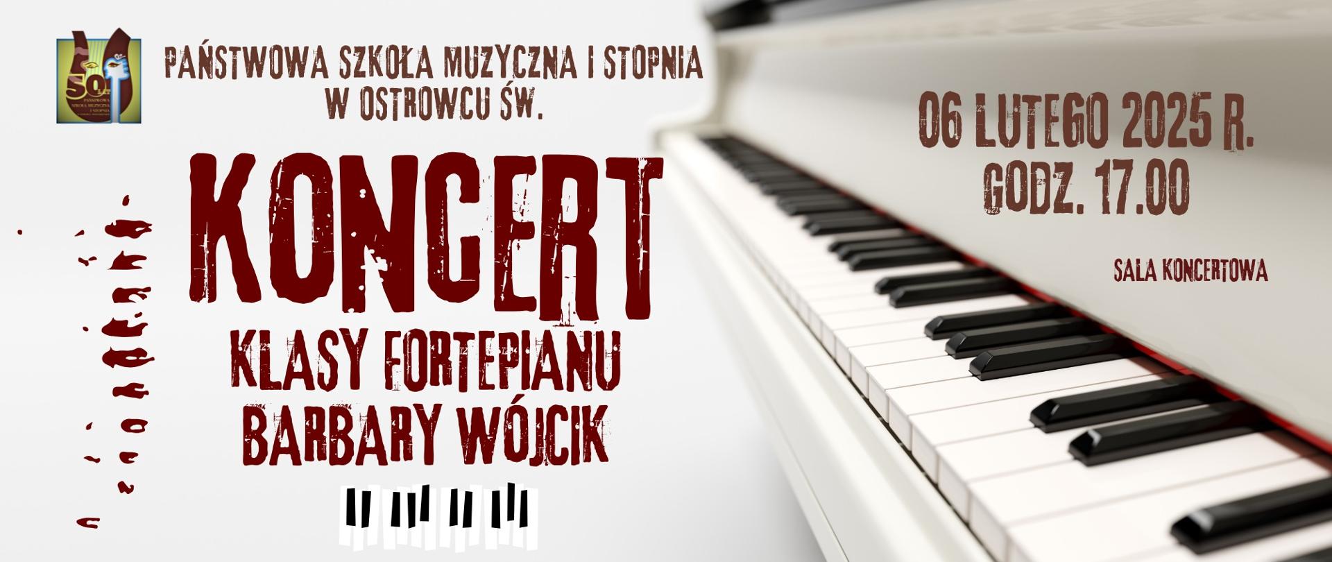 klawiatura fortepianu na białym tle, z literami w kolorze czerwonym, z logo szkoły w kolorze żółto-brązowym 