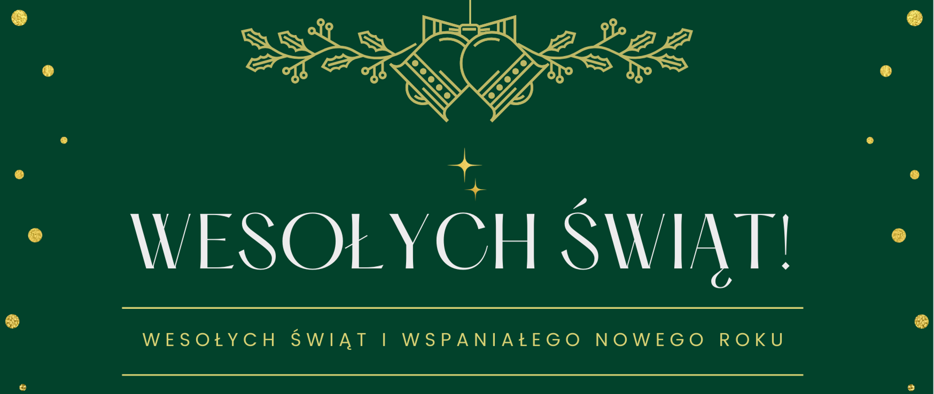 Grafika przedstawia napis Wesołych świąt i wspaniałego nowego roku na zielonym tle ozdobionym złotymi kropeczkami i dzwoneczkami