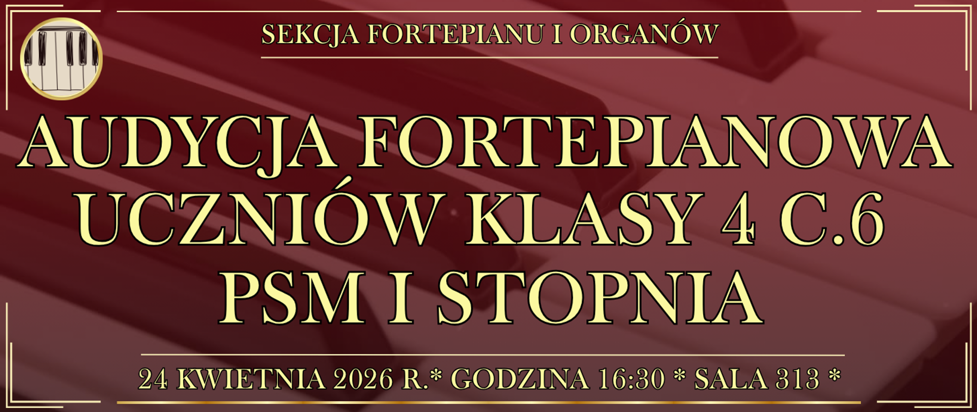 baner w tle klawiatura fortepianu oraz informacja o wydarzeniu