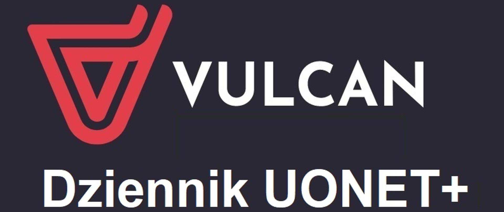 Na granatowym tle czerwone logo i napis VULCAN Dziennik UONET+ i zielony prostokąt z napisem Zaloguj się >