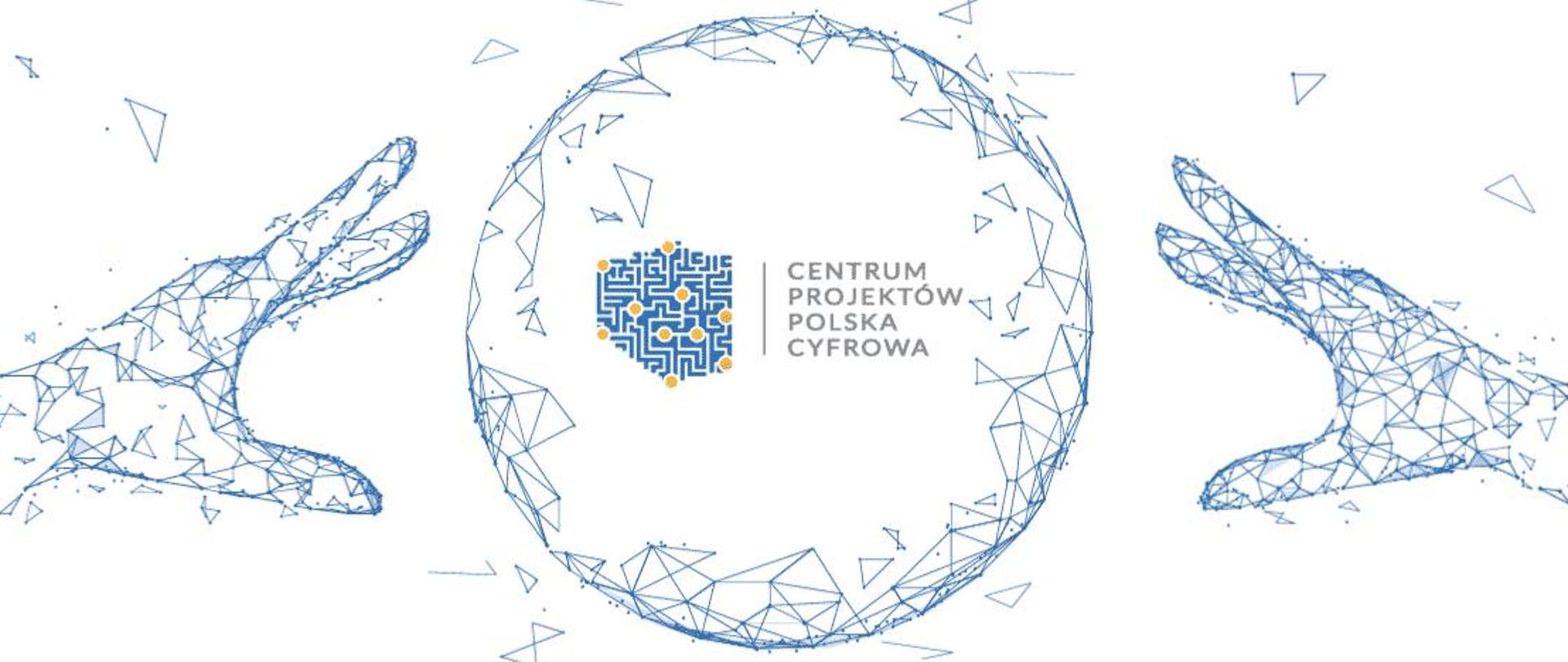 Obraz przedstawiający kule, wykonaną z trójkątów imitujących rozsypane szkło. W centralnej jej części znajduję się logo CPPC, na które składa się mapa Polski w kolorze niebieskim, wypełniona poziomymi i pionowymi białymi liniami oraz żółtymi punktami razem z napisem Centrum Projektów Polska Cyfrowa. 