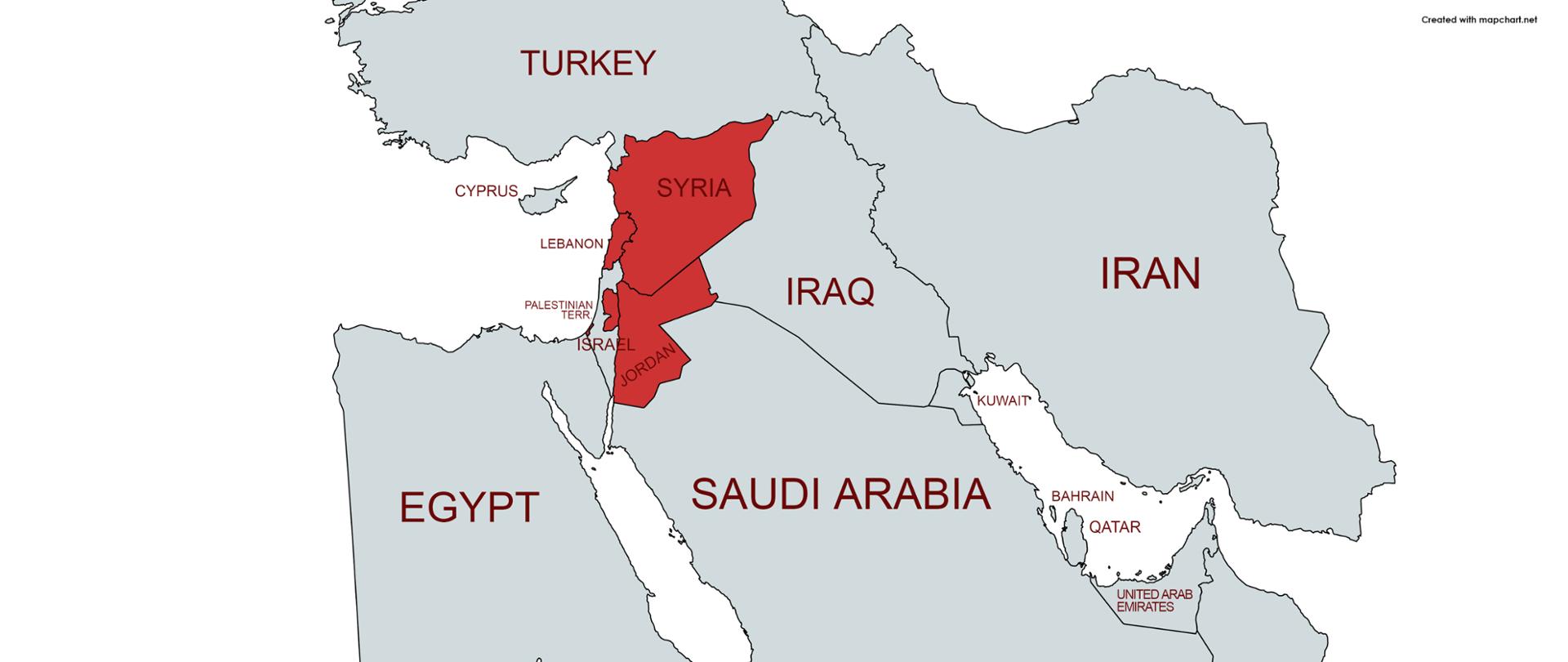 mapa Bliskiego Wschodu z zaznaczonymi państwami 