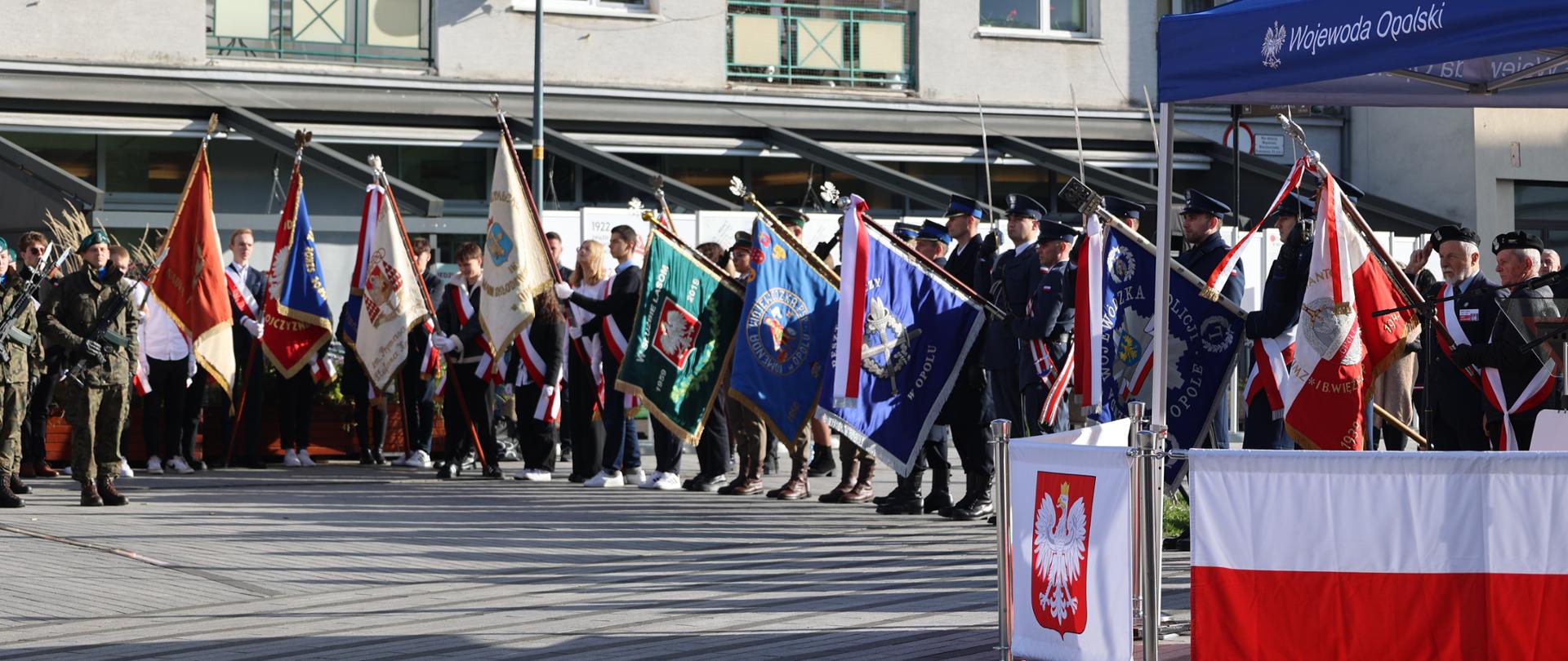 Uroczystość pod Pomnikiem Bojownikom o polskość Śląska Opolskiego. Poczty sztandarowe salutują podczas odgrywania sygnału "Cisza".