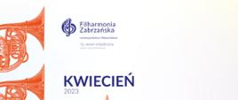 Na jasnym tle logo filharmonii Zabrzańskiej z lewej strony waltornia.