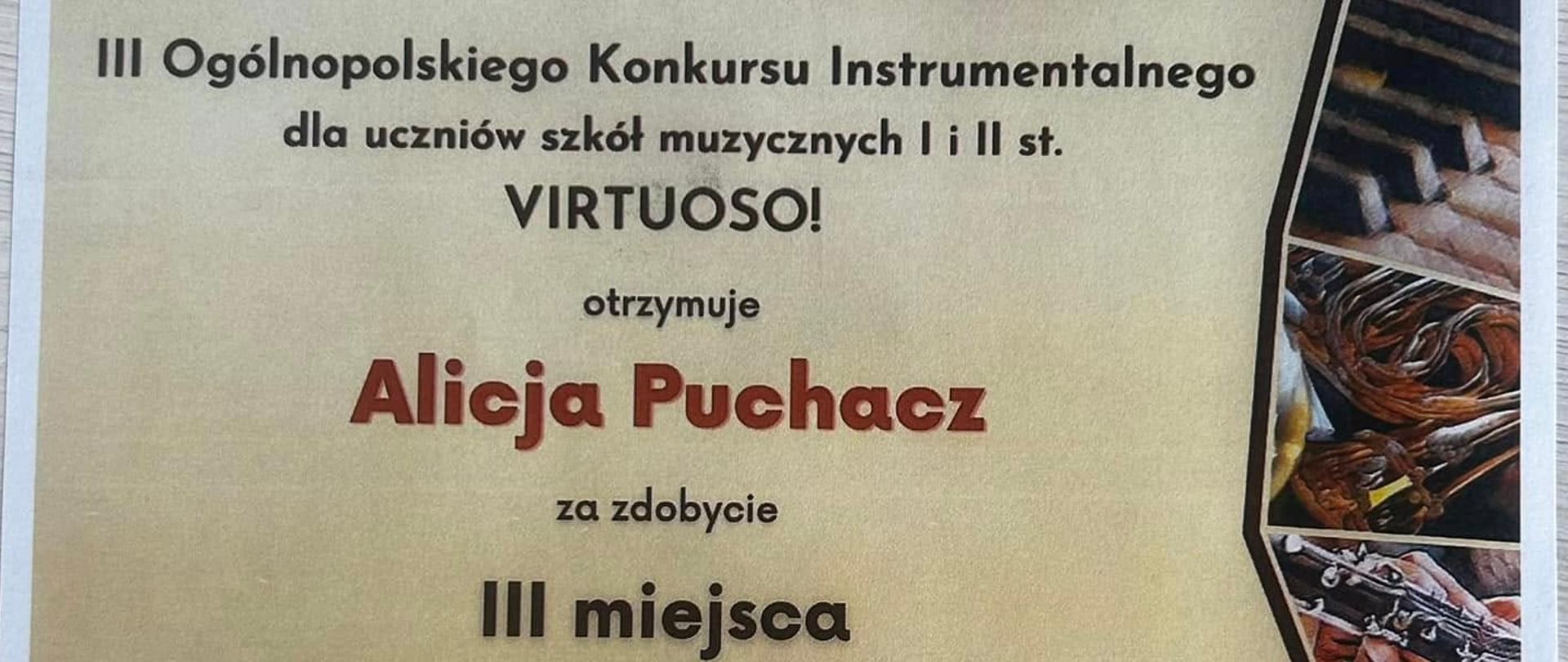 Dyplom Alicji Puchacz za zajęcie III miejsca