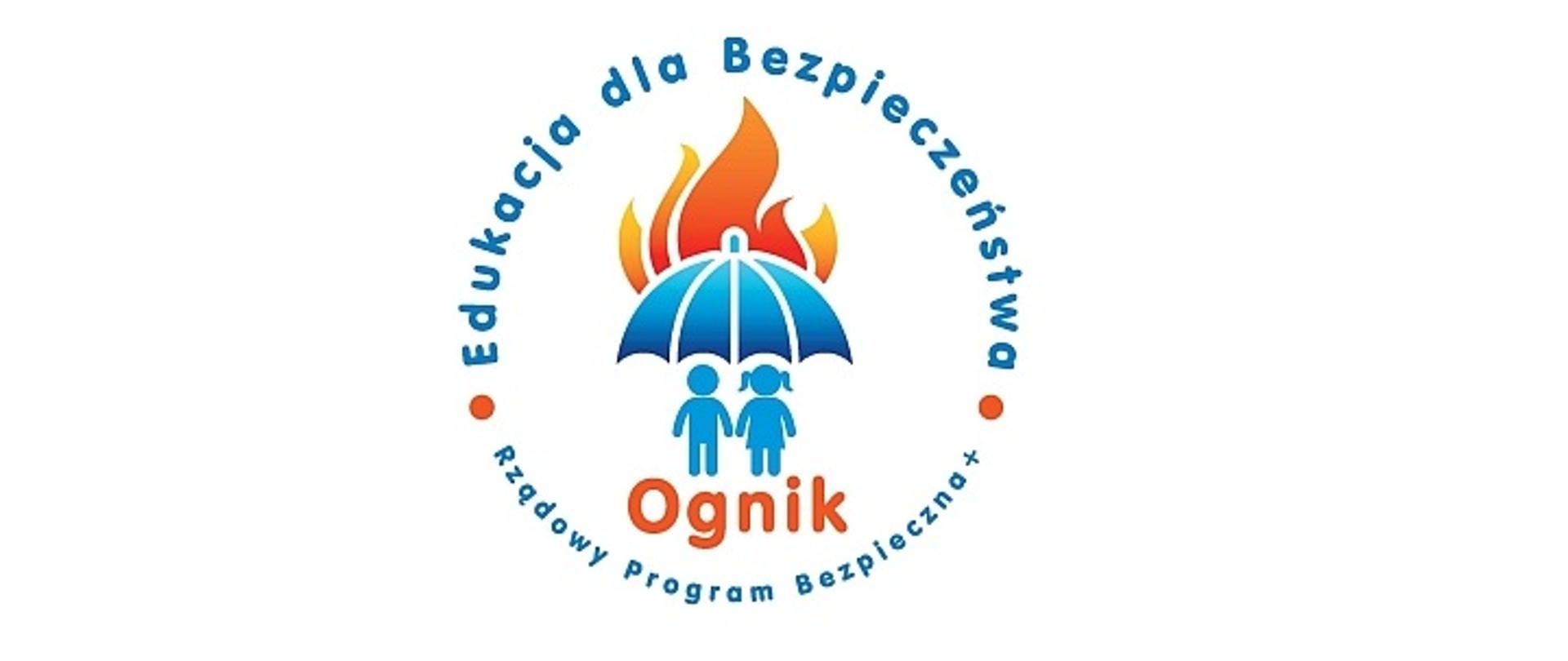 Zdjęcie przedstawia logo ognika. Na pierwszym planie widzimy grafikę przedstawiającą chłopczyka i dziewczynkę pod parasolem który jest objęty ogniem. Dookoła napis edukacja dla bezpieczeństwa rządowy program bezpieczna + 