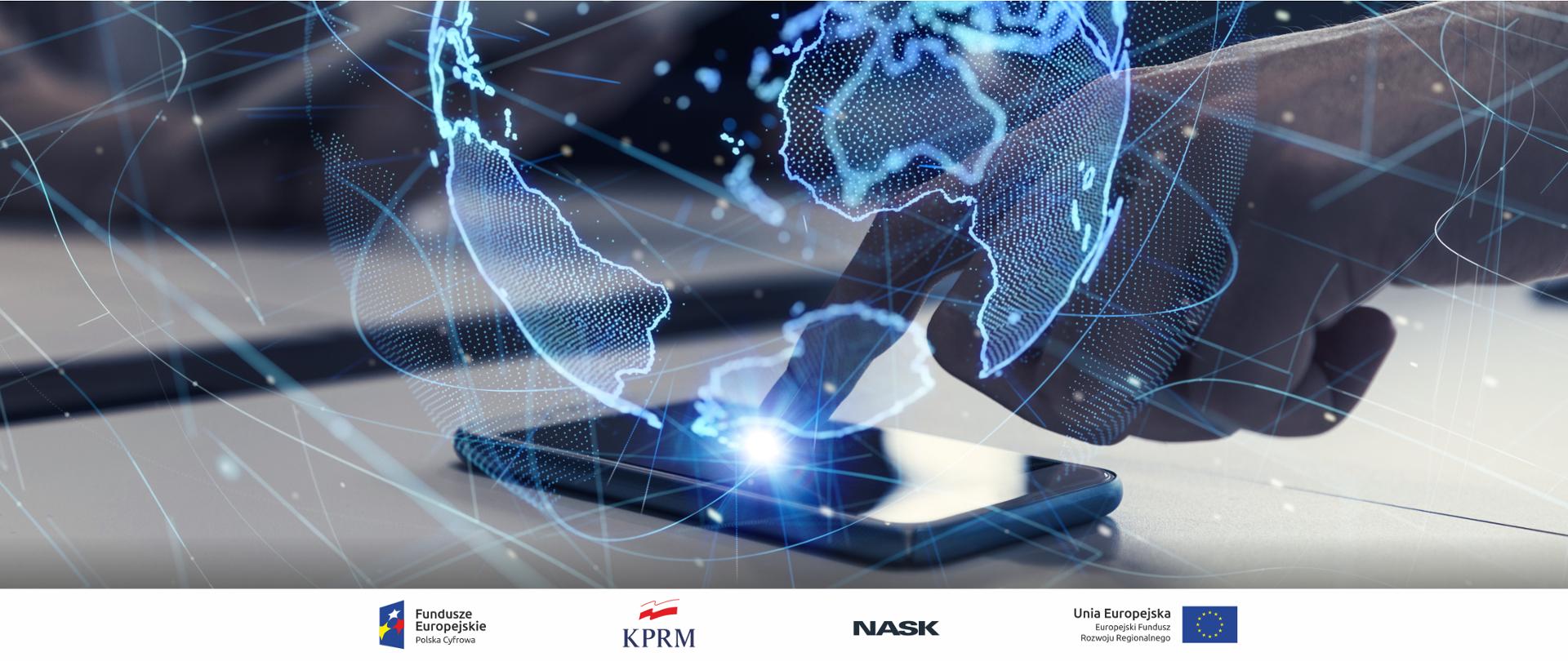 dzień bezpiecznego internetu - smartfon, na nim graficzna wizualizacja kuli ziemskiej 