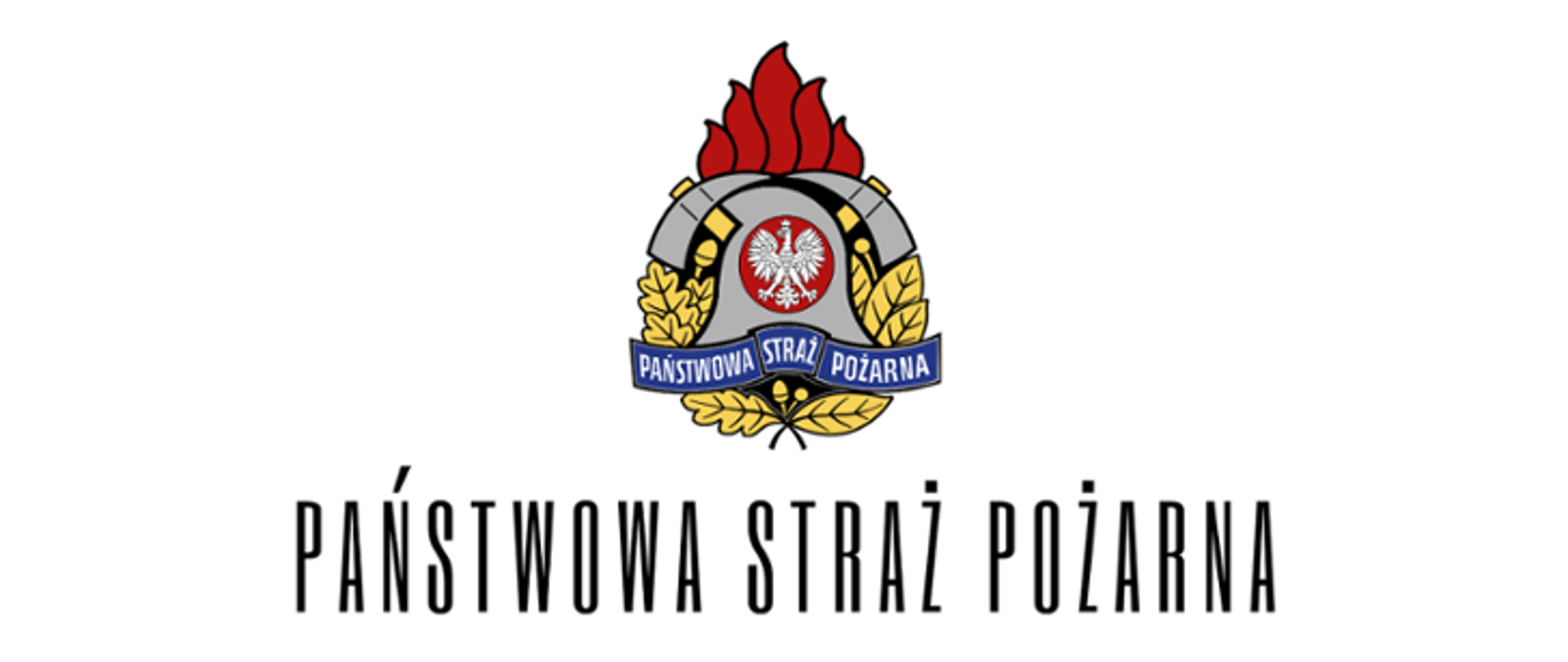 na białym tle kolorowe logo PSP wraz z podpisem Państwowa Straż Pożarna