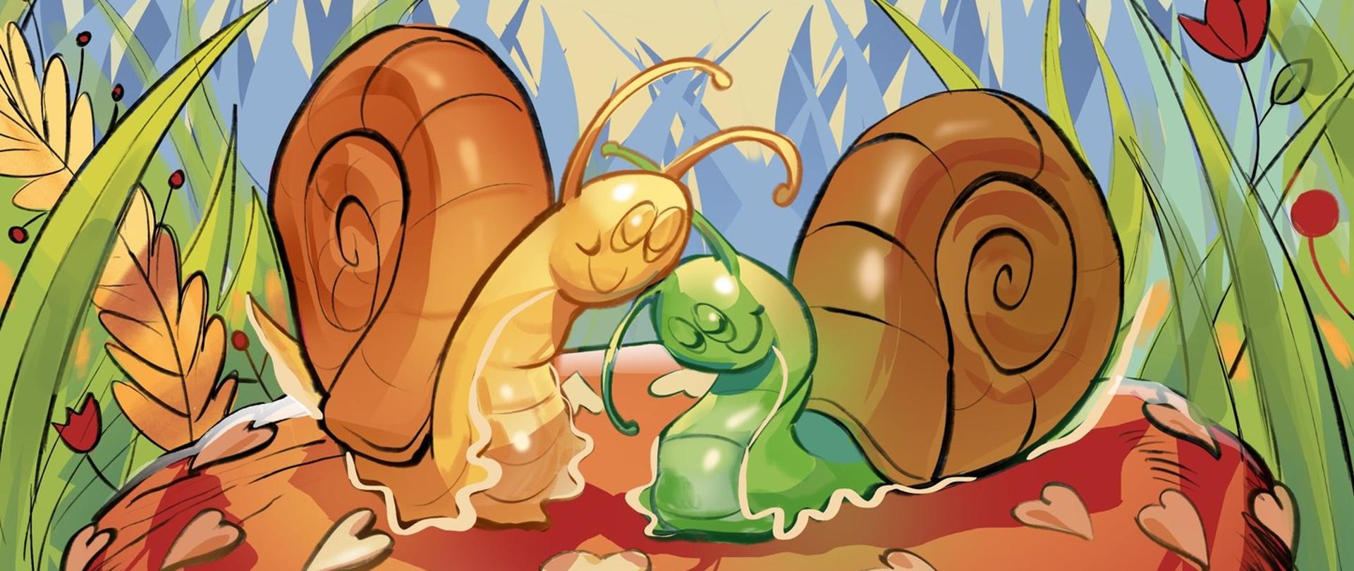 W górnej, jednej trzeciej części plakatu widnieje biały napis "Romantyczna Jesień" na tle błękitnego nieba, które ku dołowi, stopniowo rozjaśnia się w jasny odcień rozbielonej żółci. Na pierwszym planie jest ogromny czerwony muchomor na którym zamiast kropek widnieją białe serduszka. Na nim siedzą dwa przytulone do siebie ślimaki, ich muszle są koloru jasnego brązu. Po lewej stronie, żółtawy ślimak z długimi różkami, skierowanymi po lekkim łuku w dół, tuli się do swojej, niższej partnerki w kolorze jasnej zieleni, jej różki też opadają ku dołowi. Oba ślimaki mają narysowane uśmiechnięte ludzkie twarze, a ich oczy są zamknięte. W tle, za grzybem widać niebieskie trawy. Żółto zielone trawy i kolorowe kwiatki okalają grzyba. W przodzie, przed nim od lewej strony są żółtozielone źdźbła trawy pochylone w prawo, z prawej strony jest kadr, pochylonego w lewo liścia dębu w kolorze żółtawo rudym. Całość plakatu jest utrzymana w jasnej, pogodnej tonacji.