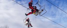 3 ratowników ze Specjalistycznej Grupy Ratownictwa Wysokościowego z Rzeszowa prowadzi ćwiczenia na wyciągu narciarskim. Zdjęcie ukazuje dwóch ratowników pozorujących osoby poszkodowane siedzących na dwóch krzesełkach, trzeci z ratowników uwalnia jednego z ratowników przy użyciu technik i sprzętu ratownictwa wysokościowego.