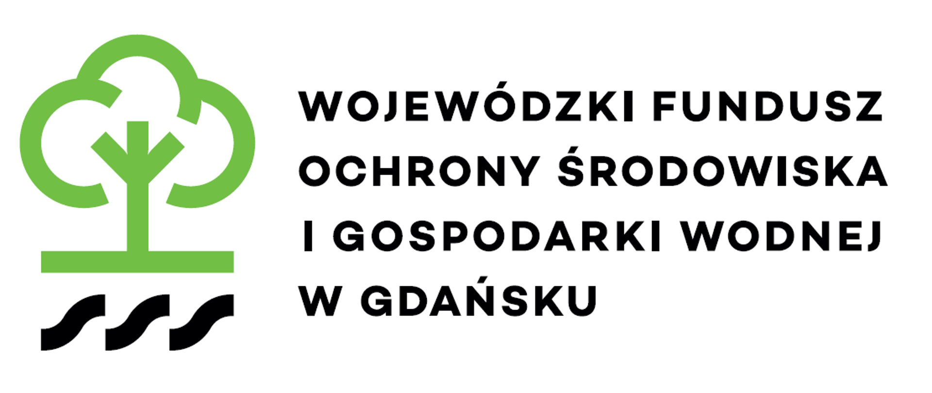 Logo Wojewódzki Fundusz ochrony środowiska i gospodarki wodnej w Gdańsku. Napis na białym tle. W lewej części zielone drzewo i 3 czarne fale.