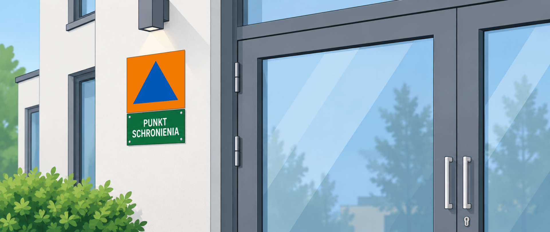 Wejście do budynku z zamontowanym oznakowaniem punktu schronienia – nad drzwiami widnieje pomarańczowa naklejka z niebieskim trójkątem, a na ścianie obok drzwi umieszczono pomarańczową tablicę ze znakiem obrony cywilnej oraz zieloną tablicę z napisem PUNKT SCHRONIENIA