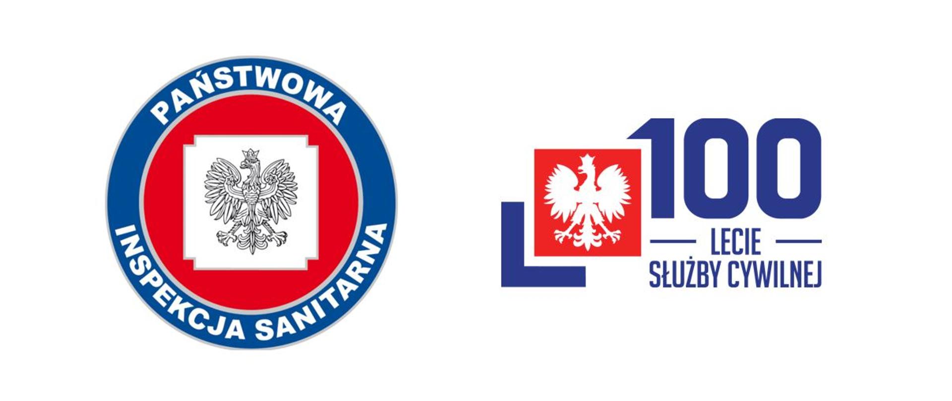 Po lewej stronie znajduje się logo Państwowej Inspekcji Sanitarnej - okrągłe logo czerwono-granatowe w środku orzeł, po prawej stronie logo 100-lecia służby cywilnej.