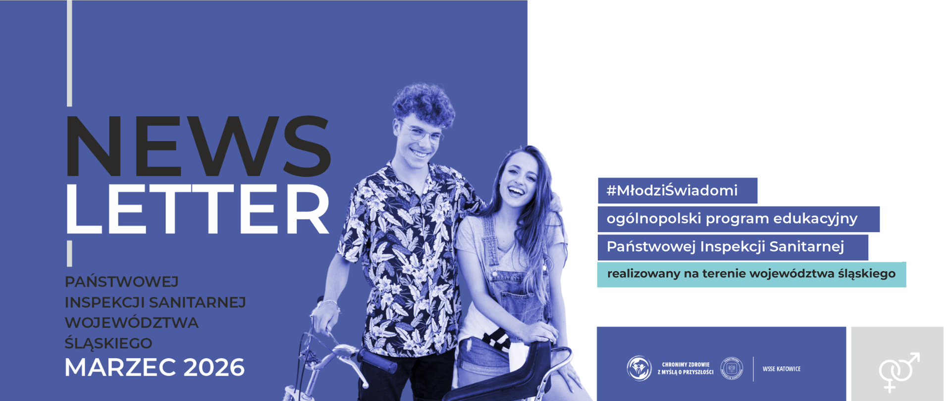 Młodzi uśmiechnięci ludzi, przed nimi rower, po prawej stronie informacja #MłodziŚwiadomi ogólnopolski program edukacyjny Państwowej Inspekcji Sanitarnej realizowany na terenie województwa śląskiego 